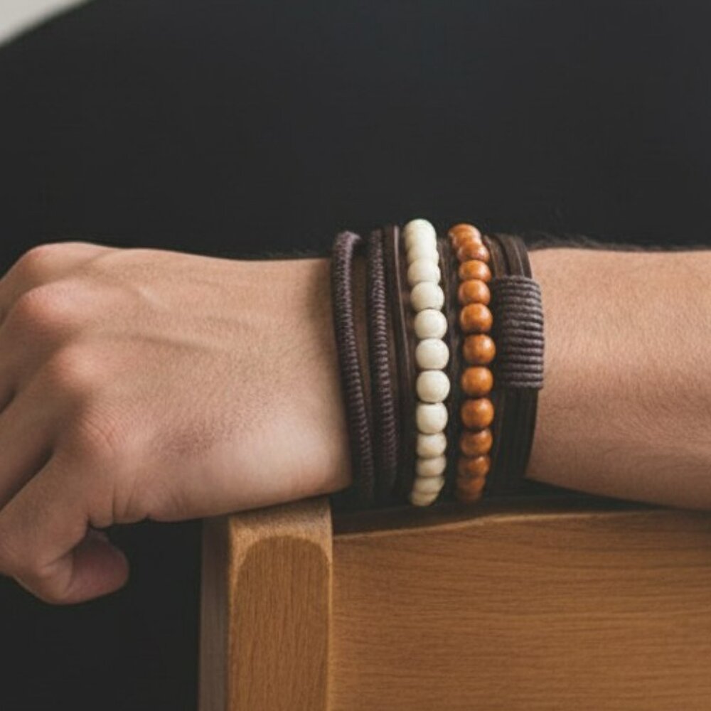 NEW !!! Men's Rustic Leather & Wood Outdoor Fashion Bracelet